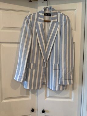 Zara Blue and White Vertical Stripe Blazer